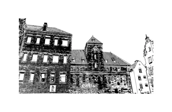 Imprimir Vista Del Edificio Con Hito Gdansk Ciudad Polonia Dibujo — Archivo Imágenes Vectoriales