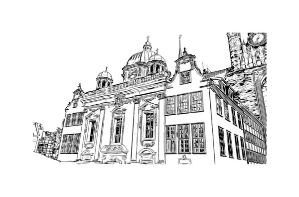 Imprimir Vista Del Edificio Con Hito Gdansk Ciudad Polonia Dibujo — Vector de stock