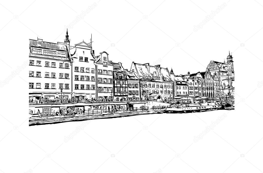 Print Building view with landmark of Gdansk is the city in Poland. Hand drawn sketch illustration in vector.