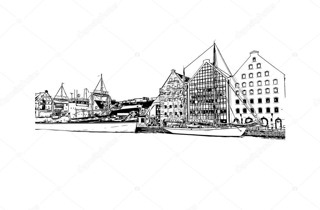 Print Building view with landmark of Gdansk is the city in Poland. Hand drawn sketch illustration in vector.