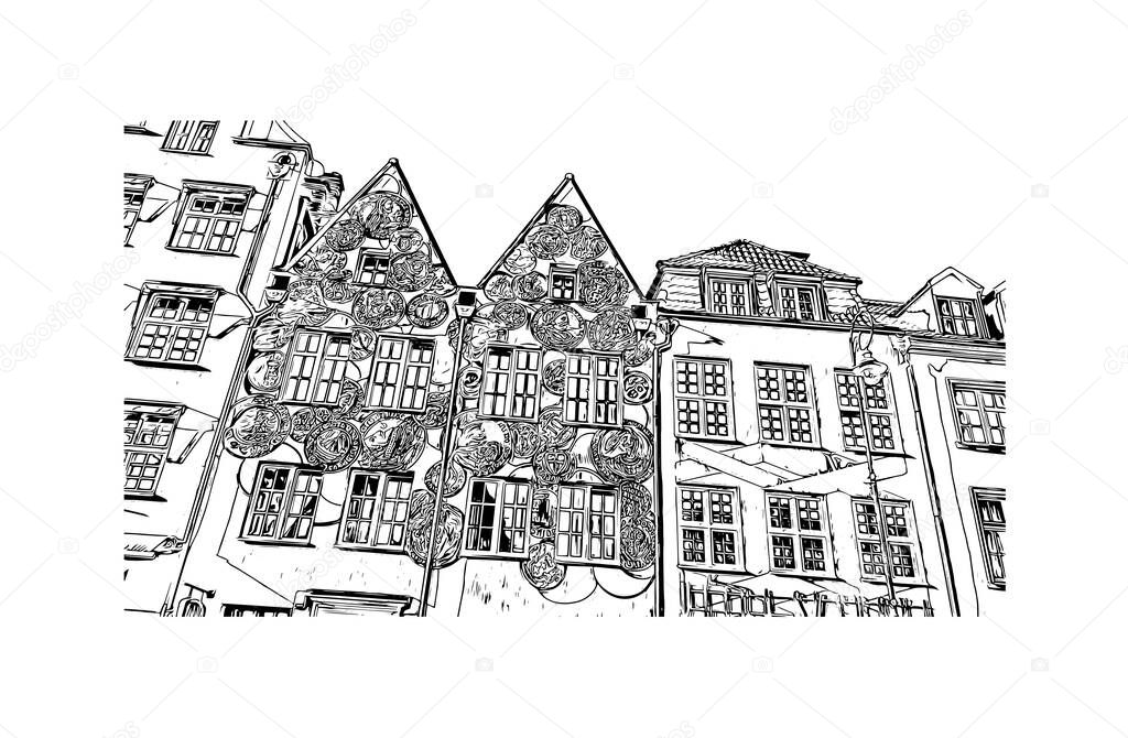 Print Building view with landmark of Gdansk is the city in Poland. Hand drawn sketch illustration in vector.