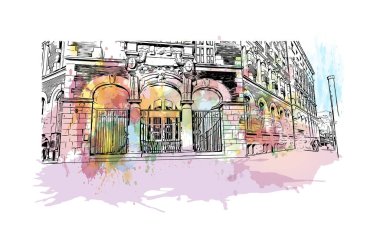 Print Building view, Almanya 'nın batısında yer alan bir şehirdir. Vektörde elle çizilmiş resim ile suluboya sıçraması.