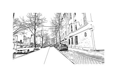 Print Building view, Almanya 'nın batısında yer alan bir şehirdir. Vektörde elle çizilmiş çizim çizimi.