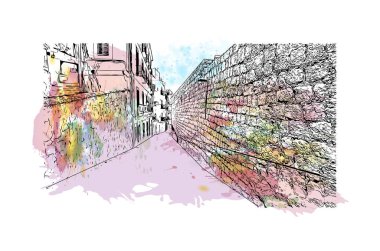 İbiza Kasabası 'nın simgesi olan Print Building View, İspanya' nın başkentidir. Vektörde elle çizilmiş resim ile suluboya sıçraması.