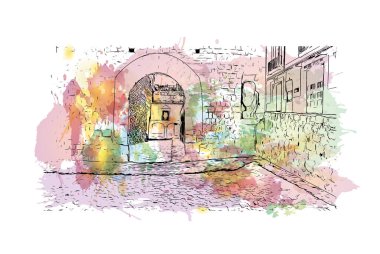 İbiza Kasabası 'nın simgesi olan Print Building View, İspanya' nın başkentidir. Vektörde elle çizilmiş resim ile suluboya sıçraması.