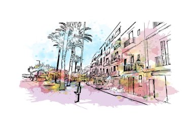 İbiza Kasabası 'nın simgesi olan Print Building View, İspanya' nın başkentidir. Vektörde elle çizilmiş resim ile suluboya sıçraması.