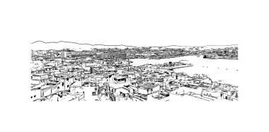 İbiza Kasabası 'nın simgesi olan Print Building View, İspanya' nın başkentidir. Vektörde elle çizilmiş çizim çizimi.