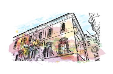 Print Building view with landmark of Imola is the city in Italy. Vektörde elle çizilmiş resim ile suluboya sıçraması.