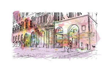 Print Building view with landmark of Imola is the city in Italy. Vektörde elle çizilmiş resim ile suluboya sıçraması.