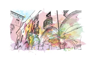 Print Building view with landmark of Imola is the city in Italy. Vektörde elle çizilmiş resim ile suluboya sıçraması.