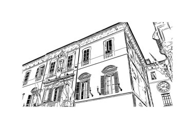 Print Building view with landmark of Imola is the city in Italy. Vektörde elle çizilmiş çizim çizimi.