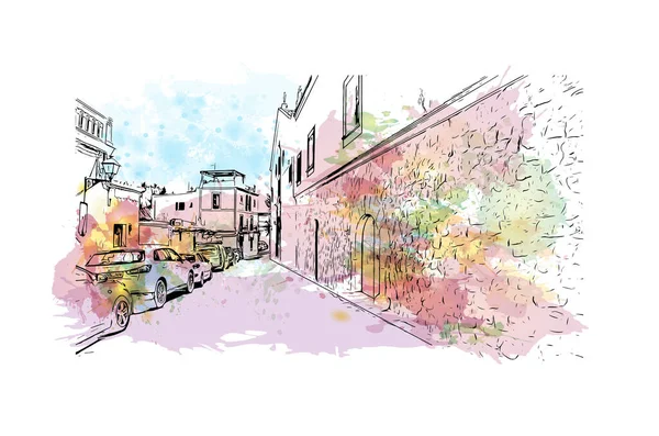 Print Building View Landmark Ibiza Town Staden Spanien Akvarell Stänk — Stock vektor