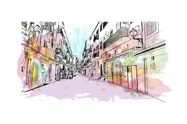 Print Vue Imprenable Sur Ville Ibiza Est Ville Espagne Aquarelle — Image vectorielle