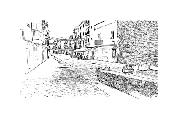 印刷イビサタウンのランドマークとビルの景色はスペインの街です 手描きのスケッチ図ベクトル — ストックベクタ