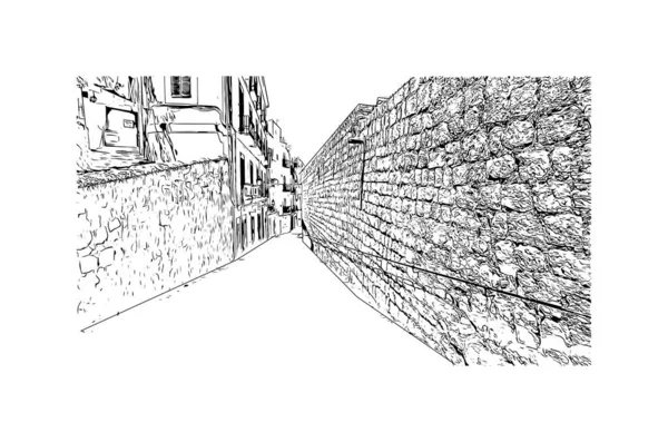 Print Вид Город Ибица Город Испании Ручной Рисунок Векторе — стоковый вектор
