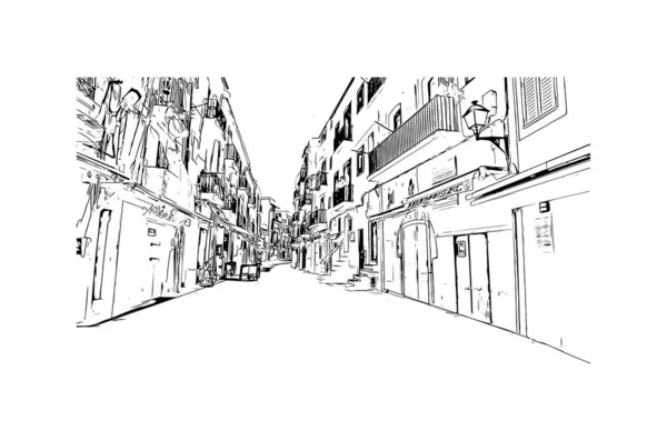 Print Vue Imprenable Sur Ville Ibiza Est Ville Espagne Illustration — Image vectorielle