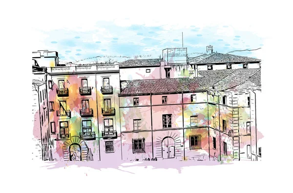 印刷ジローナのランドマークとビルの景色はスペインの都市です 手描きのスケッチイラストと水彩スプラッシュベクトル — ストックベクタ