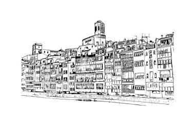 Print Building view with landmark of Girona, İspanya 'da bir şehirdir. Vektörde elle çizilmiş çizim çizimi.