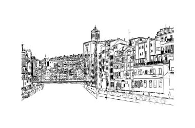 Print Building view with landmark of Girona, İspanya 'da bir şehirdir. Vektörde elle çizilmiş çizim çizimi.