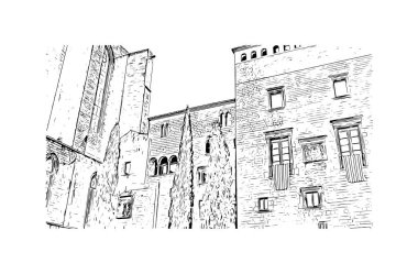 Print Building view with landmark of Girona, İspanya 'da bir şehirdir. Vektörde elle çizilmiş çizim çizimi.