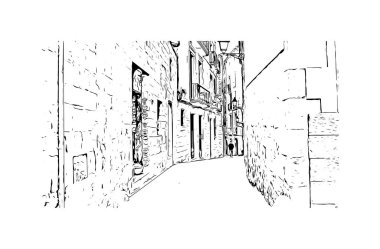 Print Building view with landmark of Girona, İspanya 'da bir şehirdir. Vektörde elle çizilmiş çizim çizimi.