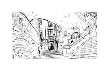 Print Building view with landmark of Girona, İspanya 'da bir şehirdir. Vektörde elle çizilmiş çizim çizimi.