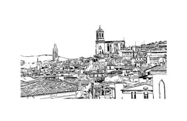Print Building view with landmark of Girona, İspanya 'da bir şehirdir. Vektörde elle çizilmiş çizim çizimi.