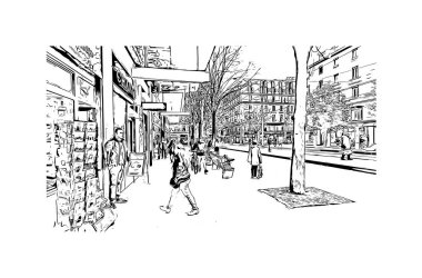 Print Building view with landmark of Geneva is a city of Swiss. Vektörde elle çizilmiş çizim çizimi.