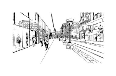 Print Building view with landmark of Geneva is a city of Swiss. Vektörde elle çizilmiş çizim çizimi.