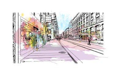 Print Building view with landmark of Geneva is a city of Swiss. Vektörde elle çizilmiş resim ile suluboya sıçraması.