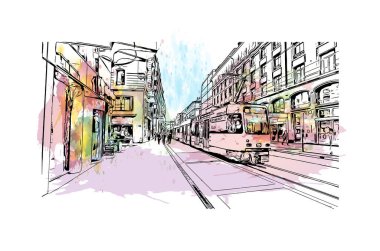 Print Building view with landmark of Geneva is a city of Swiss. Vektörde elle çizilmiş resim ile suluboya sıçraması.