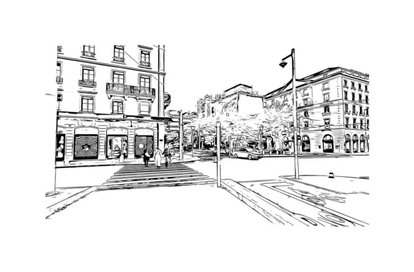 Vytisknout Pohled Budovu Orientačním Bodem Ženevy Město Švýcarsku Ručně Kreslená — Stockový vektor