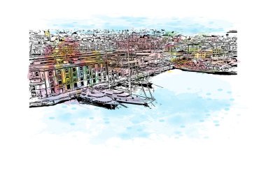 Print Building view with landmark of Genoa is the city in Italy. Vektörde elle çizilmiş resim ile suluboya sıçraması.