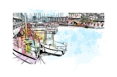 Print Building view with landmark of Genoa is the city in Italy. Vektörde elle çizilmiş resim ile suluboya sıçraması.