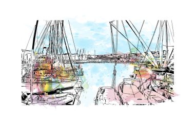 Print Building view with landmark of Genoa is the city in Italy. Vektörde elle çizilmiş resim ile suluboya sıçraması.