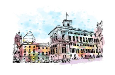 Print Building view with landmark of Genoa is the city in Italy. Vektörde elle çizilmiş resim ile suluboya sıçraması.