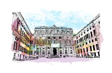 Print Building view with landmark of Genoa is the city in Italy. Vektörde elle çizilmiş resim ile suluboya sıçraması.
