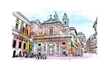 Print Building view with landmark of Genoa is the city in Italy. Vektörde elle çizilmiş resim ile suluboya sıçraması.