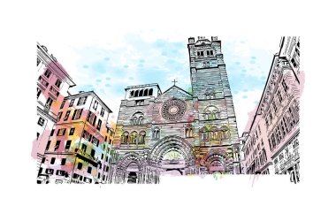 Print Building view with landmark of Genoa is the city in Italy. Vektörde elle çizilmiş resim ile suluboya sıçraması.