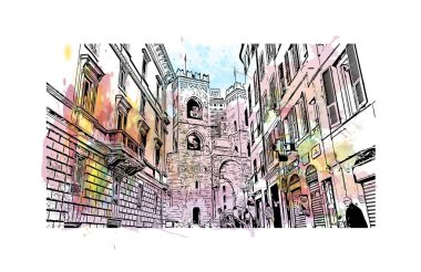 Print Building view with landmark of Genoa is the city in Italy. Vektörde elle çizilmiş resim ile suluboya sıçraması.