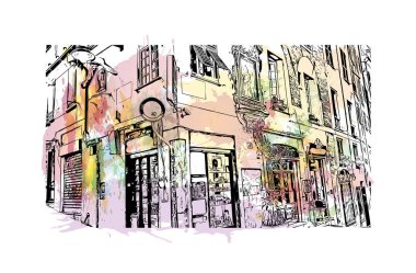 Print Building view with landmark of Genoa is the city in Italy. Vektörde elle çizilmiş resim ile suluboya sıçraması.