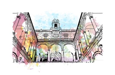 Print Building view with landmark of Genoa is the city in Italy. Vektörde elle çizilmiş resim ile suluboya sıçraması.