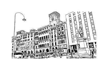 Print Building view with landmark of Genoa is the city in Italy. Vektörde elle çizilmiş çizim çizimi.