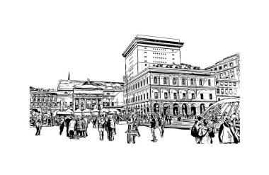 Print Building view with landmark of Genoa is the city in Italy. Vektörde elle çizilmiş çizim çizimi.