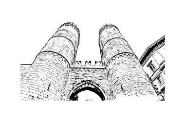 Print Building view with landmark of Genoa is the city in Italy. Vektörde elle çizilmiş çizim çizimi.