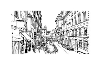 Print Building view with landmark of Genoa is the city in Italy. Vektörde elle çizilmiş çizim çizimi.