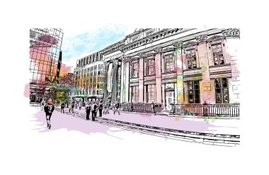 Print Building view of Glasgow, İskoçya 'nın Clyde Nehri üzerinde yer alan bir liman kentidir. Vektörde elle çizilmiş resim ile suluboya sıçraması.