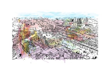 Print Building view of Glasgow, İskoçya 'nın Clyde Nehri üzerinde yer alan bir liman kentidir. Vektörde elle çizilmiş resim ile suluboya sıçraması.