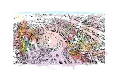 Print Building view of Glasgow, İskoçya 'nın Clyde Nehri üzerinde yer alan bir liman kentidir. Vektörde elle çizilmiş resim ile suluboya sıçraması.