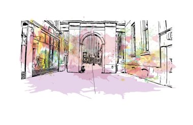 Print Building view of Glasgow, İskoçya 'nın Clyde Nehri üzerinde yer alan bir liman kentidir. Vektörde elle çizilmiş resim ile suluboya sıçraması.